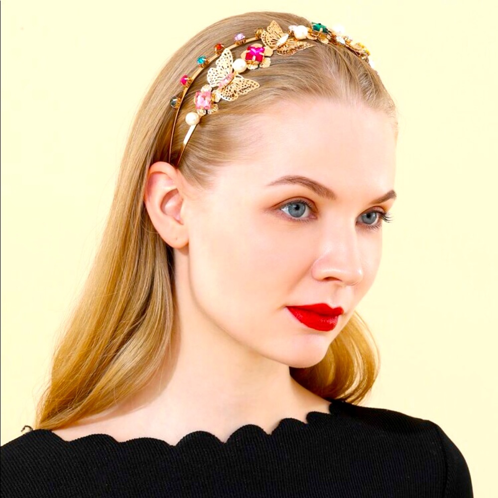 Gold multiple jeweled headband with butterflies